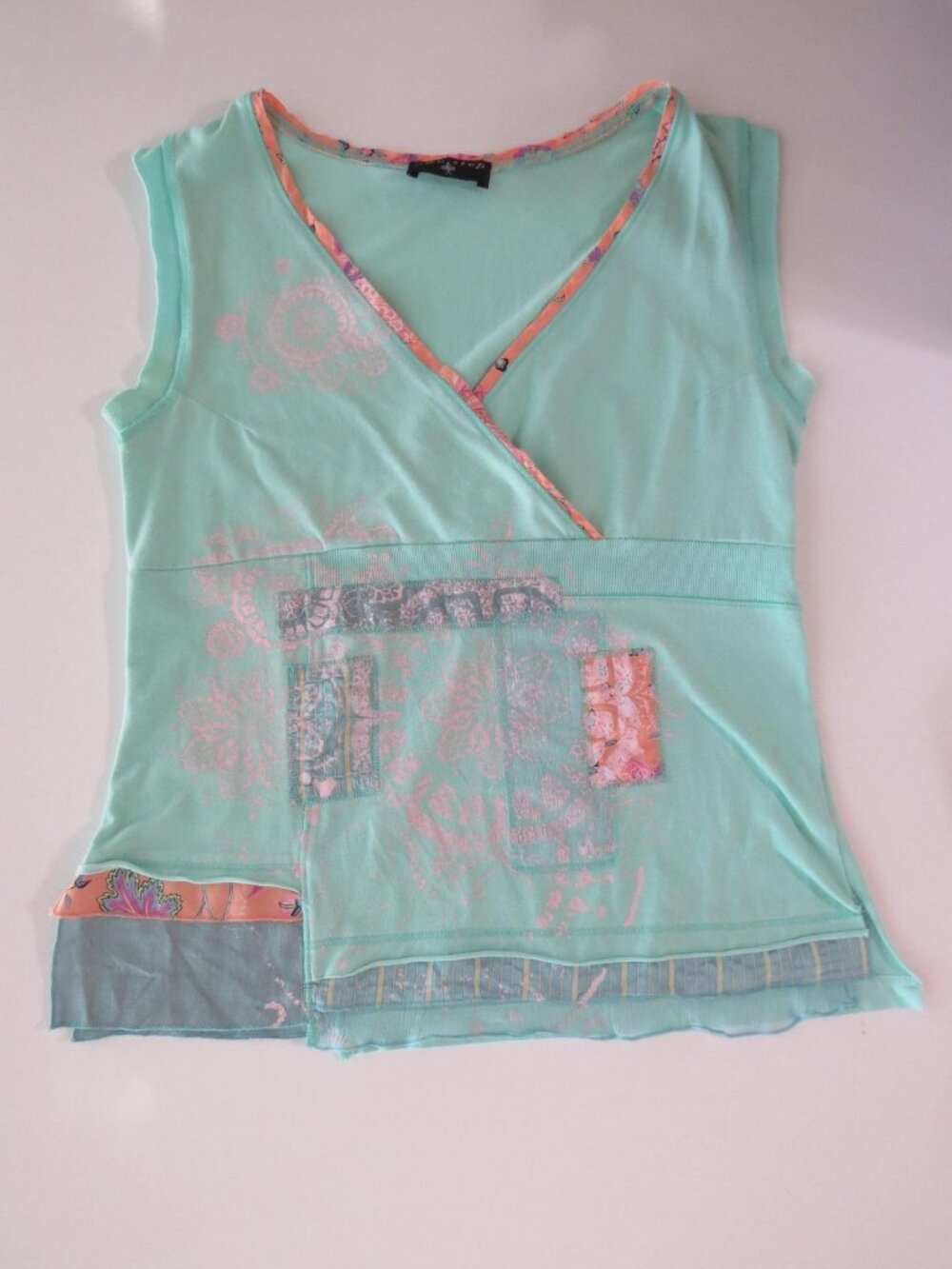 Vintage One Step Mint Green Patchwork Top, French Designer, Silk Trim, Wrap Fron